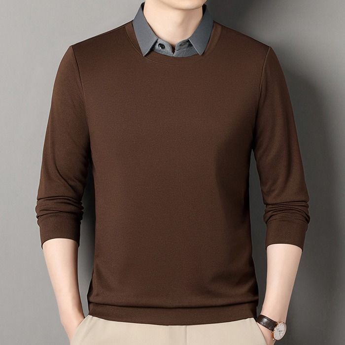 3色 メンズ フェイク重ね着 長袖 襟付き シャツ 大人 シック ARUGE 長袖Tシャツ ロンT メンズ ダブルネック 重ね着デザイン