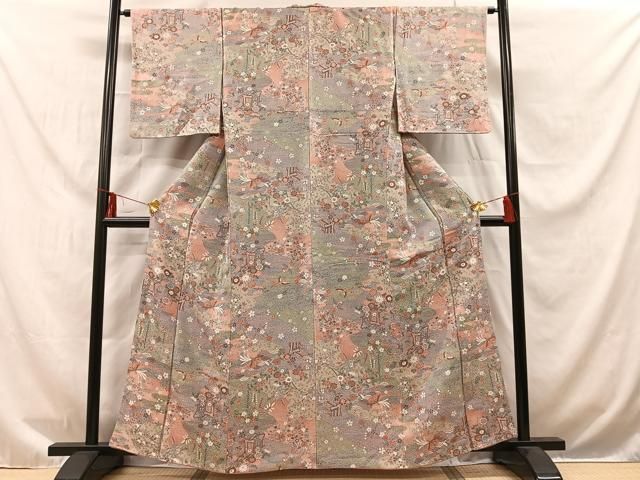 平和屋着物□上質な小紋 御所車花鳥文 正絹 逸品 AAAM9794np
