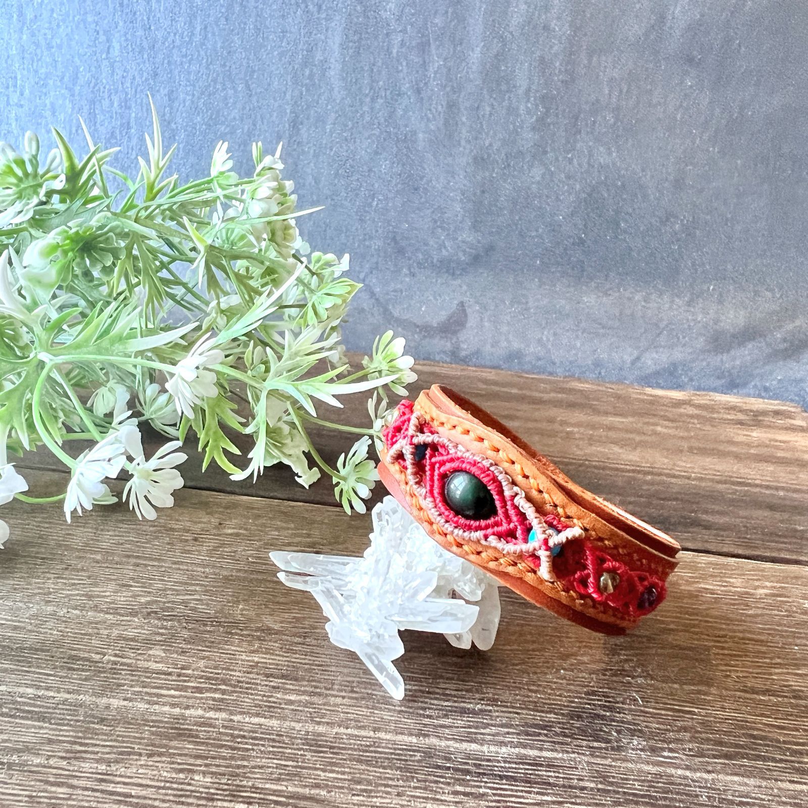 オブシディアンのマクラメレザーブレスレット【Obsidian Macrame Leather Bracelet】【送料無料】