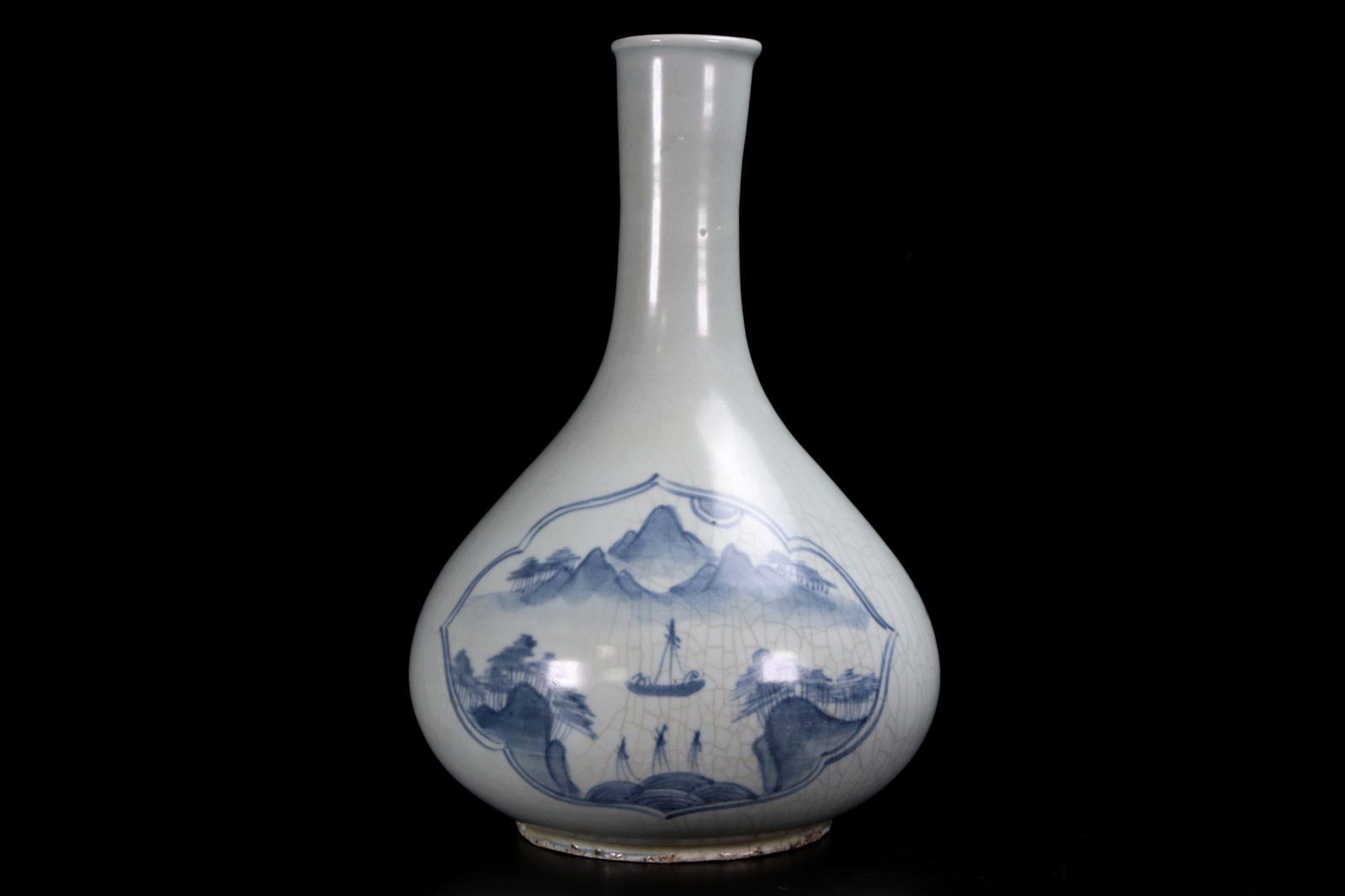 李朝時代 白磁製 染付窓絵山水文花瓶 29cm 朝鮮古陶 唐物骨董 楾