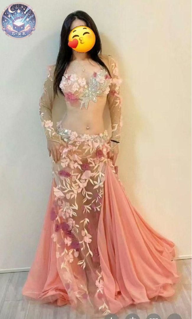 セールベリーダンス衣装 ブラスカートセット オレンジ系 花 オーダーメイド 新品 未使用 新作 ベリーダンス衣装 ブラスカートセット