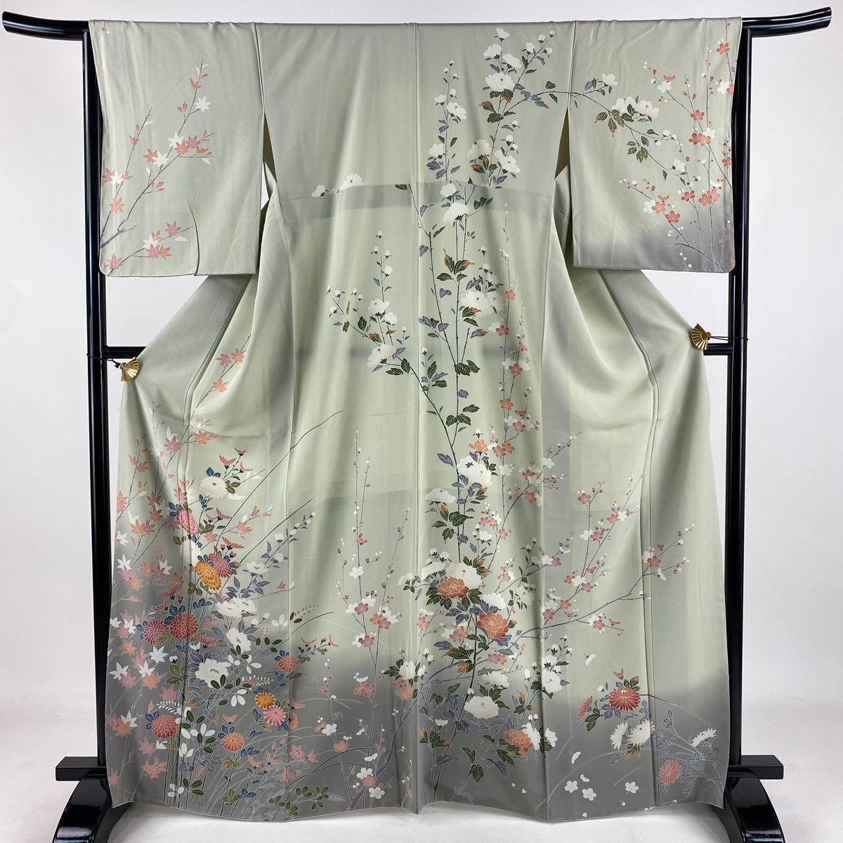 訪問着 身丈166cm 裄丈65cm M 袷 菊 紅葉 ぼかし 灰緑 正絹 名品