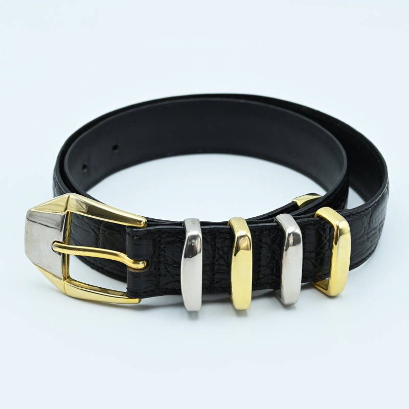 S05-k042 GIANNI VERSACE ジャンニヴェルサーチ クロコ型押しレザー ベルト 75|30 ブラック|ゴールド|シルバー