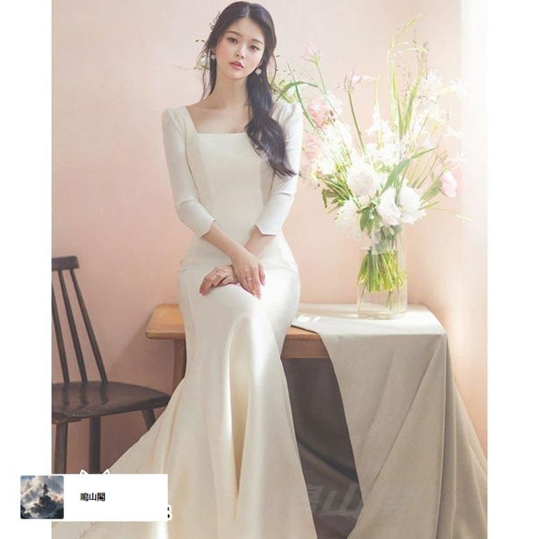 ウエディングドレス マーメイドライン 大きいサイズ 小さいサイズ 二次会 花嫁 結婚式 ロング 袖あり 七分袖 スレンダーライン スクエアネWP特別価格104
