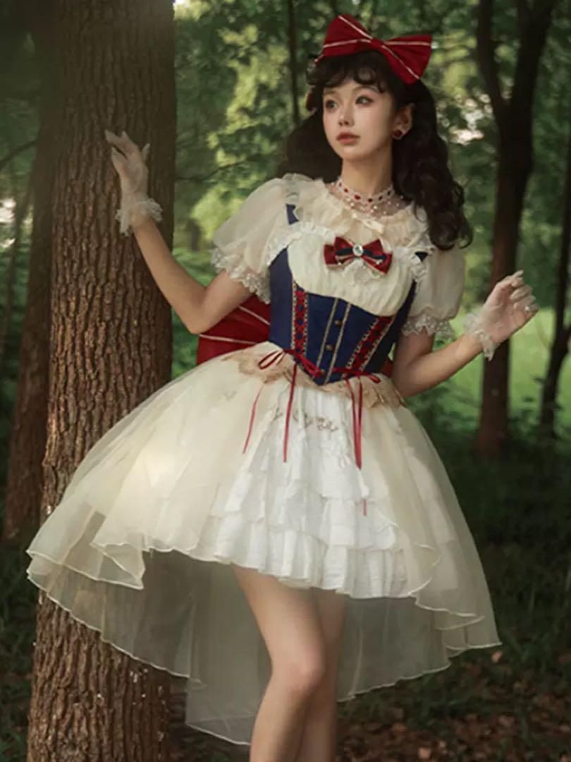 白雪姫風ロリータワンピース ひざ丈 お出かけ 女子会 ハロウィンパーティーに 2025年新作 白雪姫風ロリータワンピース ひざ丈 お出かけ 女子会