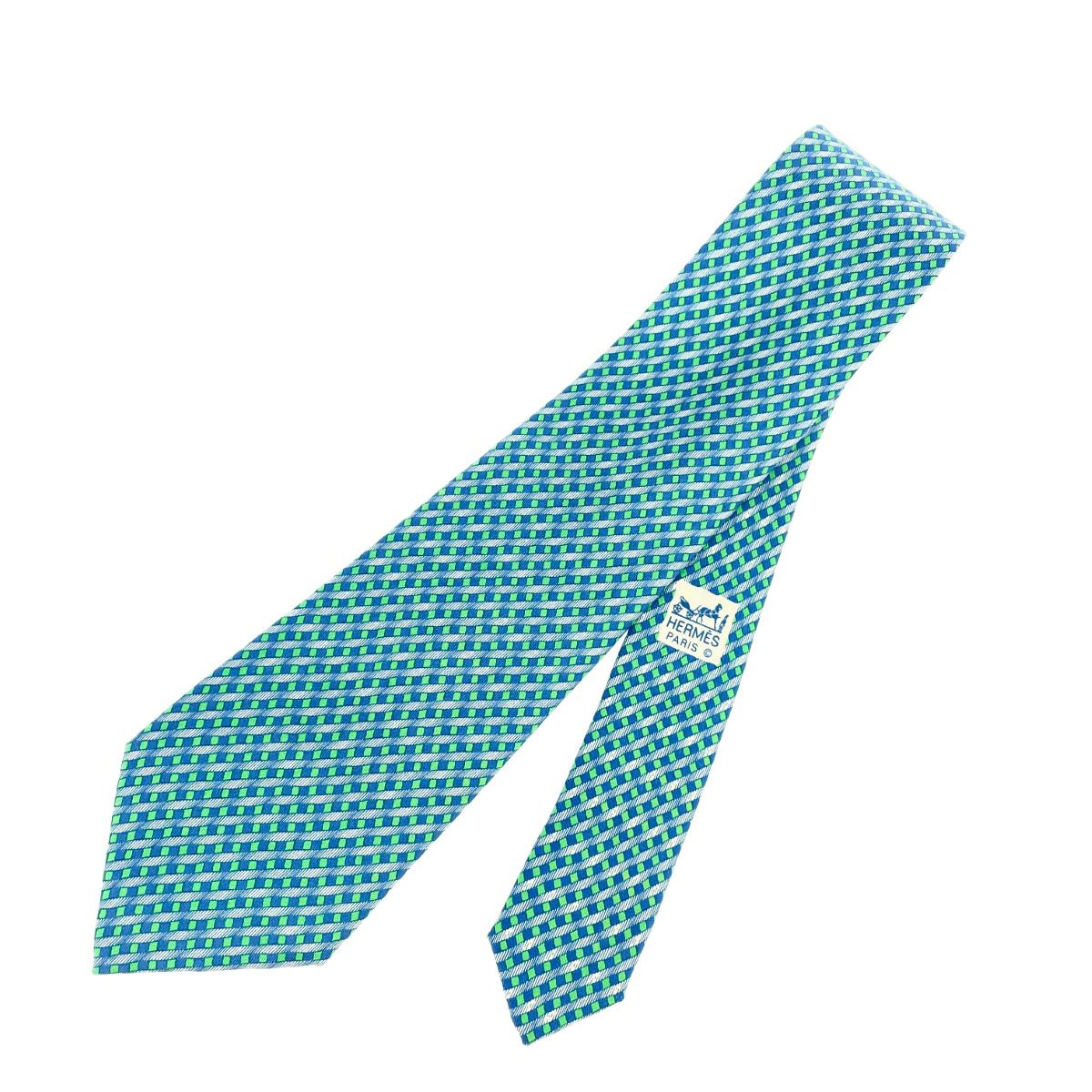 HERMES エルメス ネクタイ シルク ストライプ フランス製 ブルー 極美