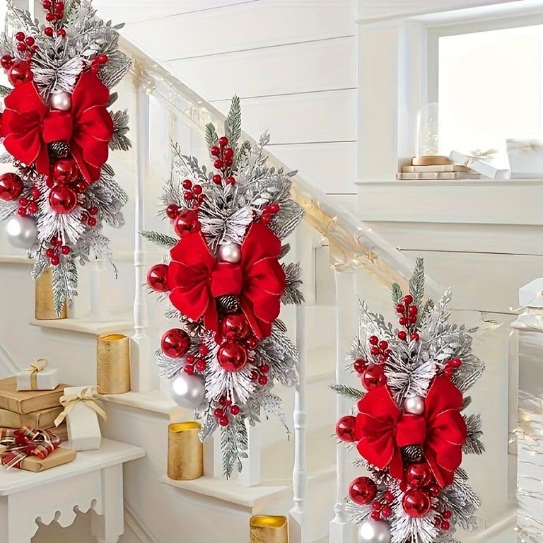クリスマス 特大59.99cm 赤色フロックガーランド｜プラスチック製 大型壁掛けデコレーション｜リボン＆ボール付き｜玄関 窓 階段に最適｜クラシックスタイル