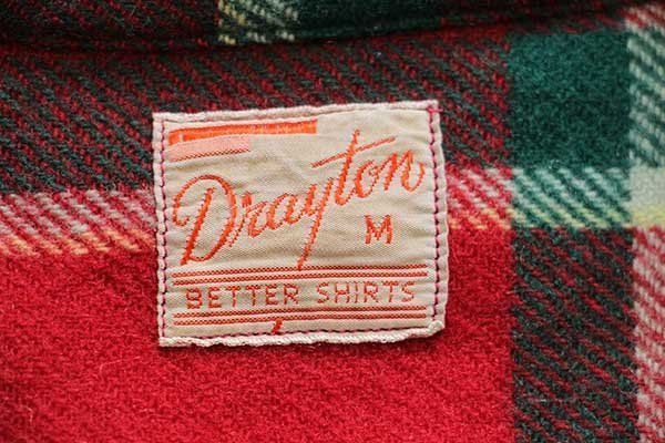 40s Drayton チェック オープンカラー ウールシャツ M☆ビンテージ