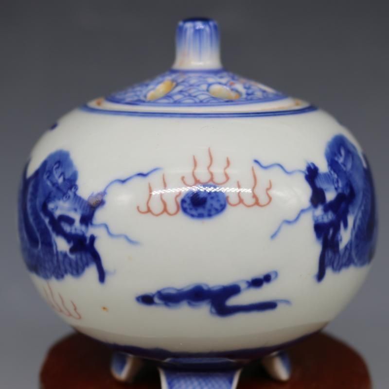 清康熙青花釉里紅竜紋香薫炉 香道具景徳鎮 陶磁器 装飾品現代