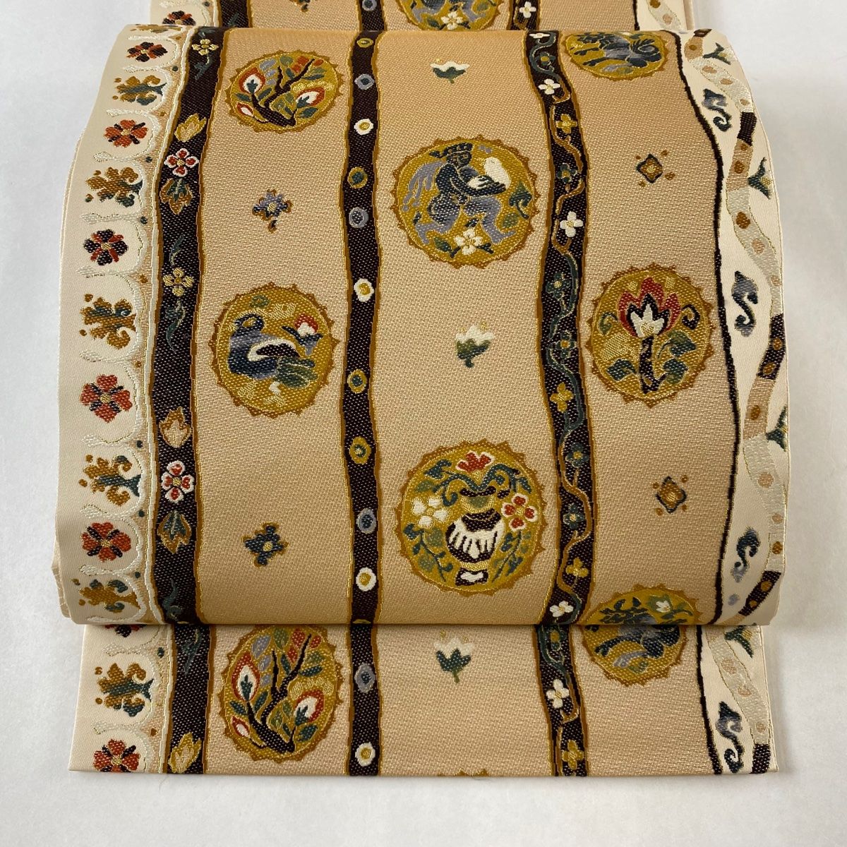 六通) 動物と金糸 SO-225 袋帯 六通 人物動物文様 鹿 馬 鳥