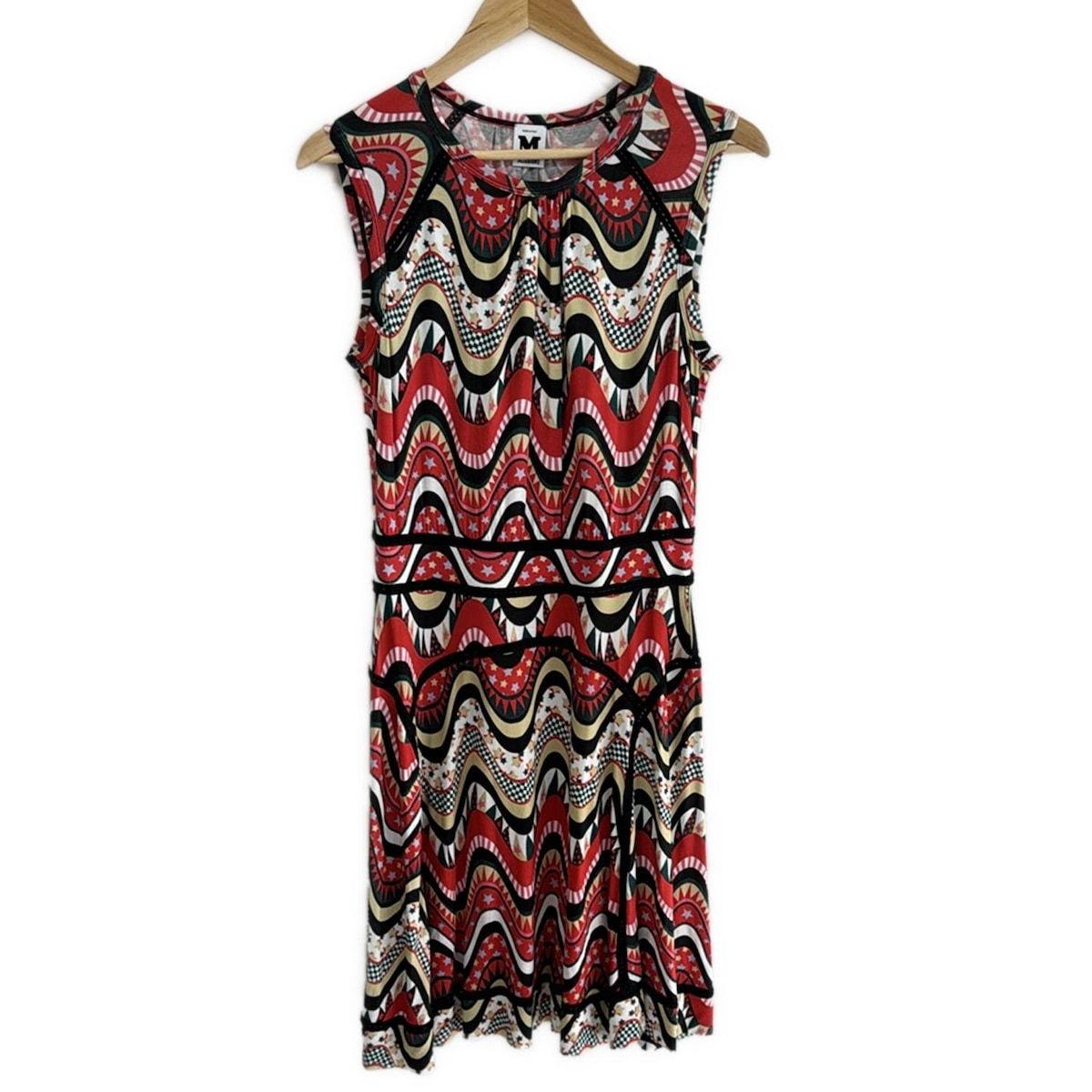 MISSONI ミッソーニ ワンピース サイズM レディース - レッド×黒×マルチ ノースリーブ|ひざ丈|スター 星