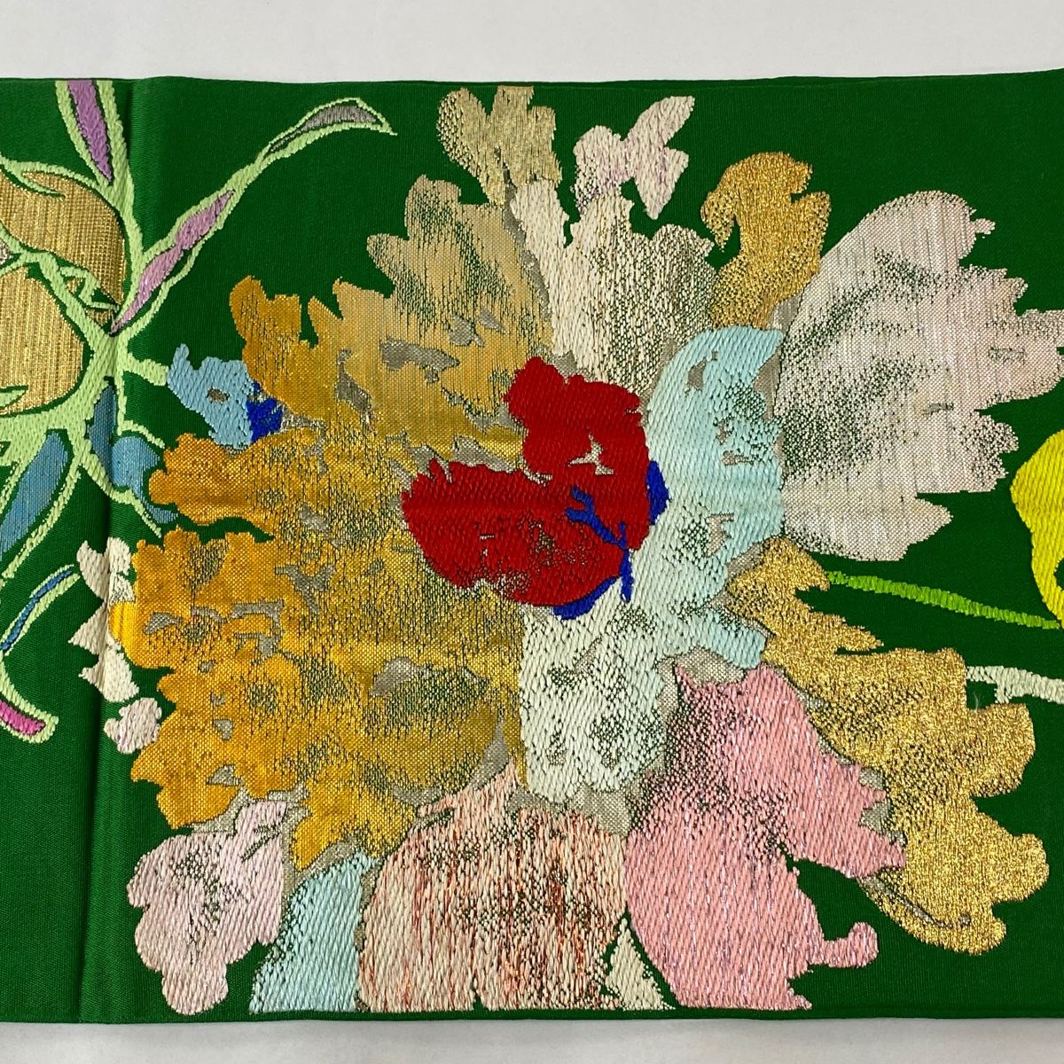 龍村 袋帯 緑 金 袋帯 美品 逸品 龍村晋 落款 花唐草 縞 金糸 箔 青緑 全通 正絹