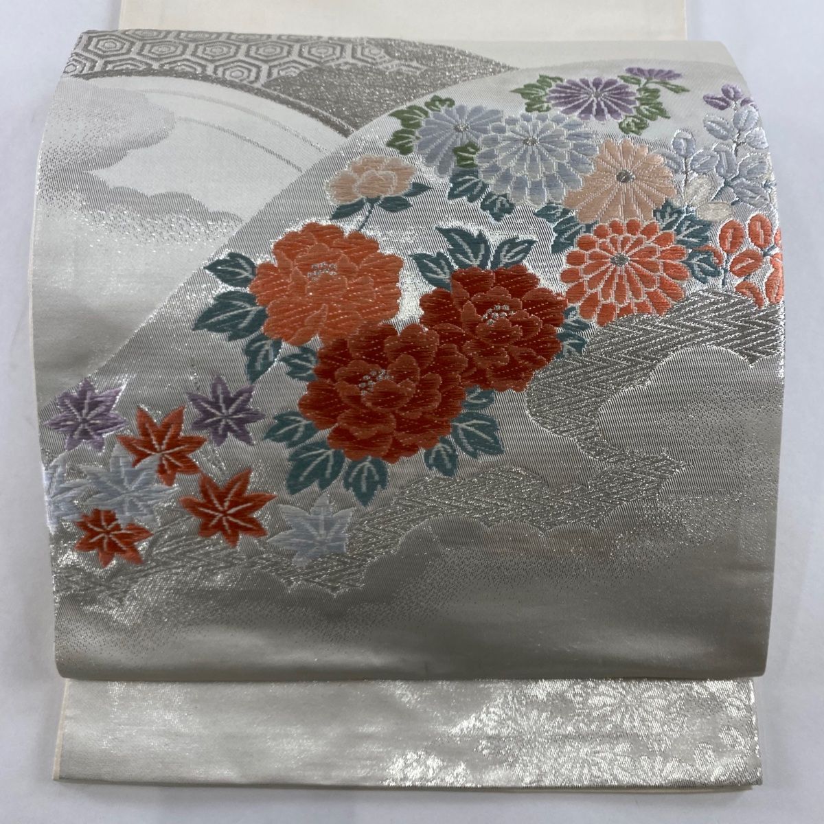 名古屋帯 作家物 塩瀬 手描き 雀 竹 白鼠色 O-5653