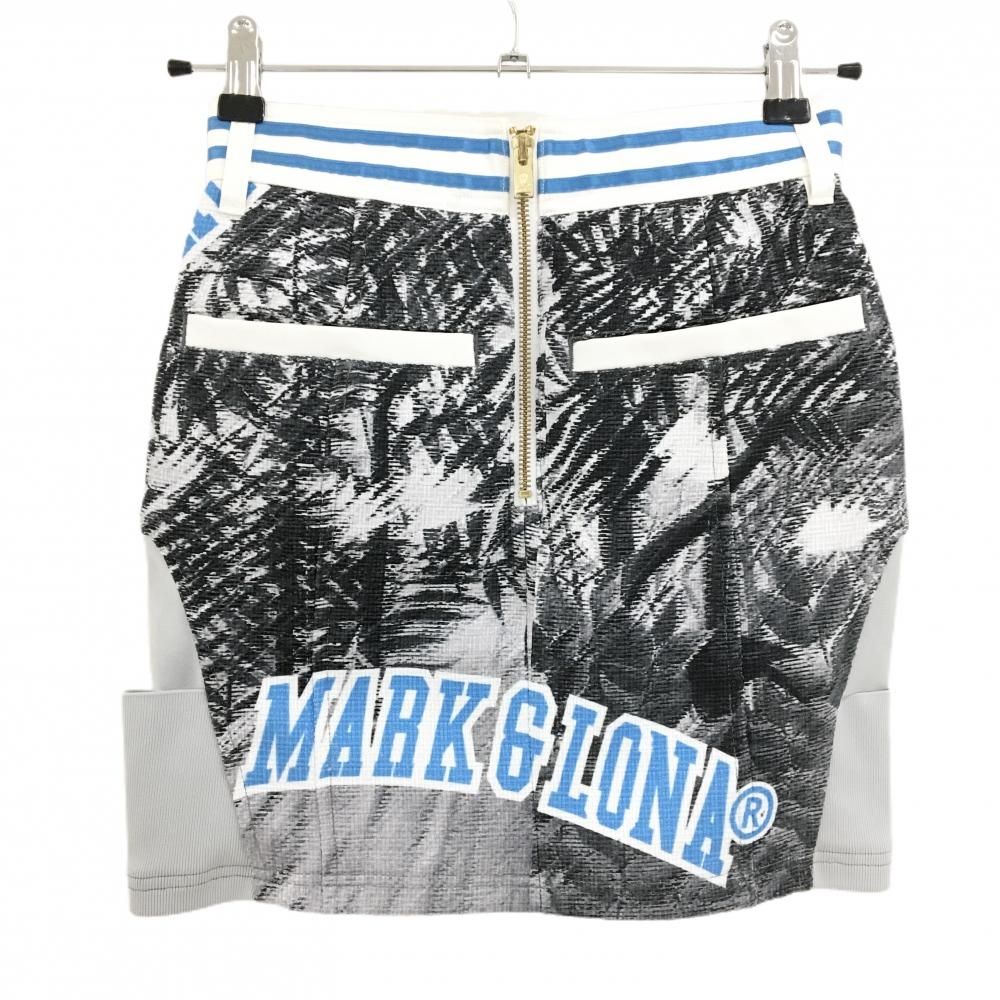 マークアンドロナ スカート グレー×黒×ライトブルー 総柄 サイドスリット レディース 36 S ゴルフウェア MARK&LONA