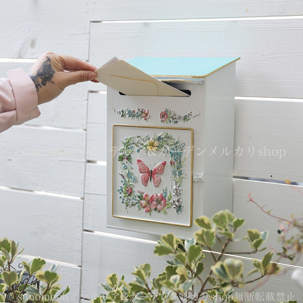 おしゃれ 鉄素材 鉄 ホワイト ガーデニング 雑貨 庭の装飾 青色 バード ヴィンテージ調 ガーデン ガーデンインテリア ポスト 郵便受け インテリア 蝶 水色 ガーデン雑貨 ガーデンオブジェ 8-14 お洒落