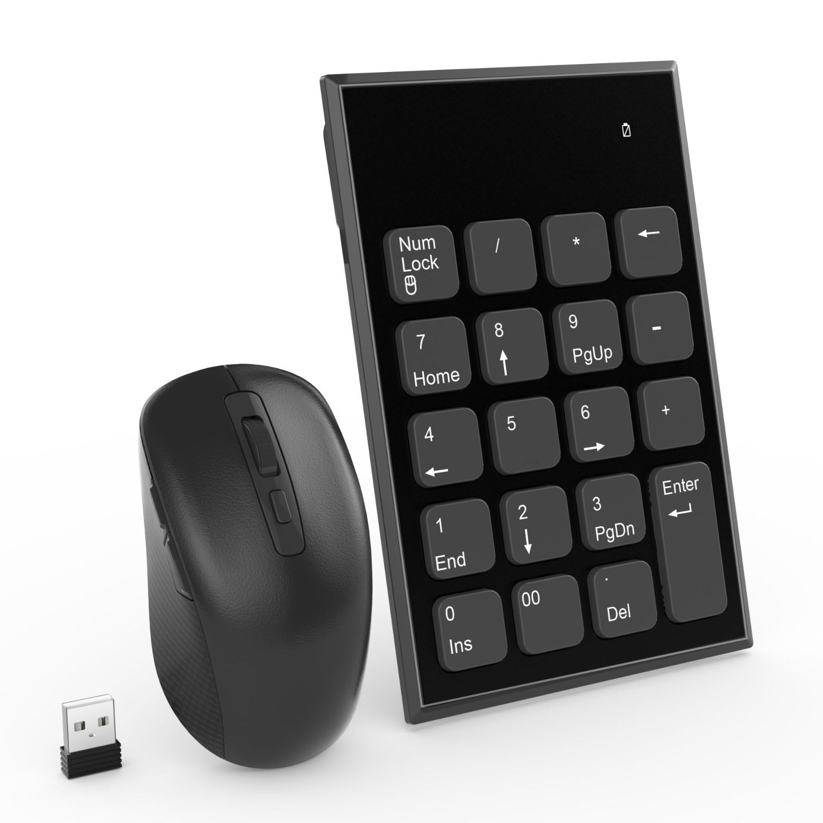 テンキー マウスセット、19キー2.4G 数字テンキー＆ 800/1200/1600 ワイヤレス DPI マウス セット 小型 持ち運び USB接続 無線 テンキー マウスセット -ただ一つのUSBポートを使って、数字入力キーパ