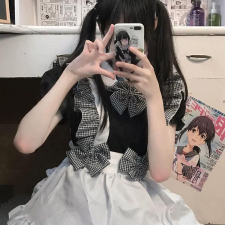 メイド服 エプロン カチューシャ 6点セット コスチューム メイド リポン かわいい 衣装 フルセット 仮装 チェック柄 ワンピース 半袖 レディース 可愛い 男ウケ セクシー ミニ丈 メイドカフェ衣#yskma603167