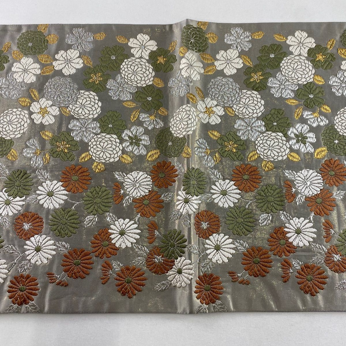 袋帯 名品 唐花織 菊 桜 金銀糸 箔 灰色 六通 正絹 【中古