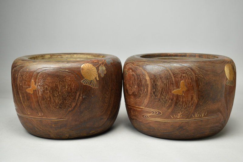 蔵A5319 時代 光琳蒔絵火鉢 一対 明治期