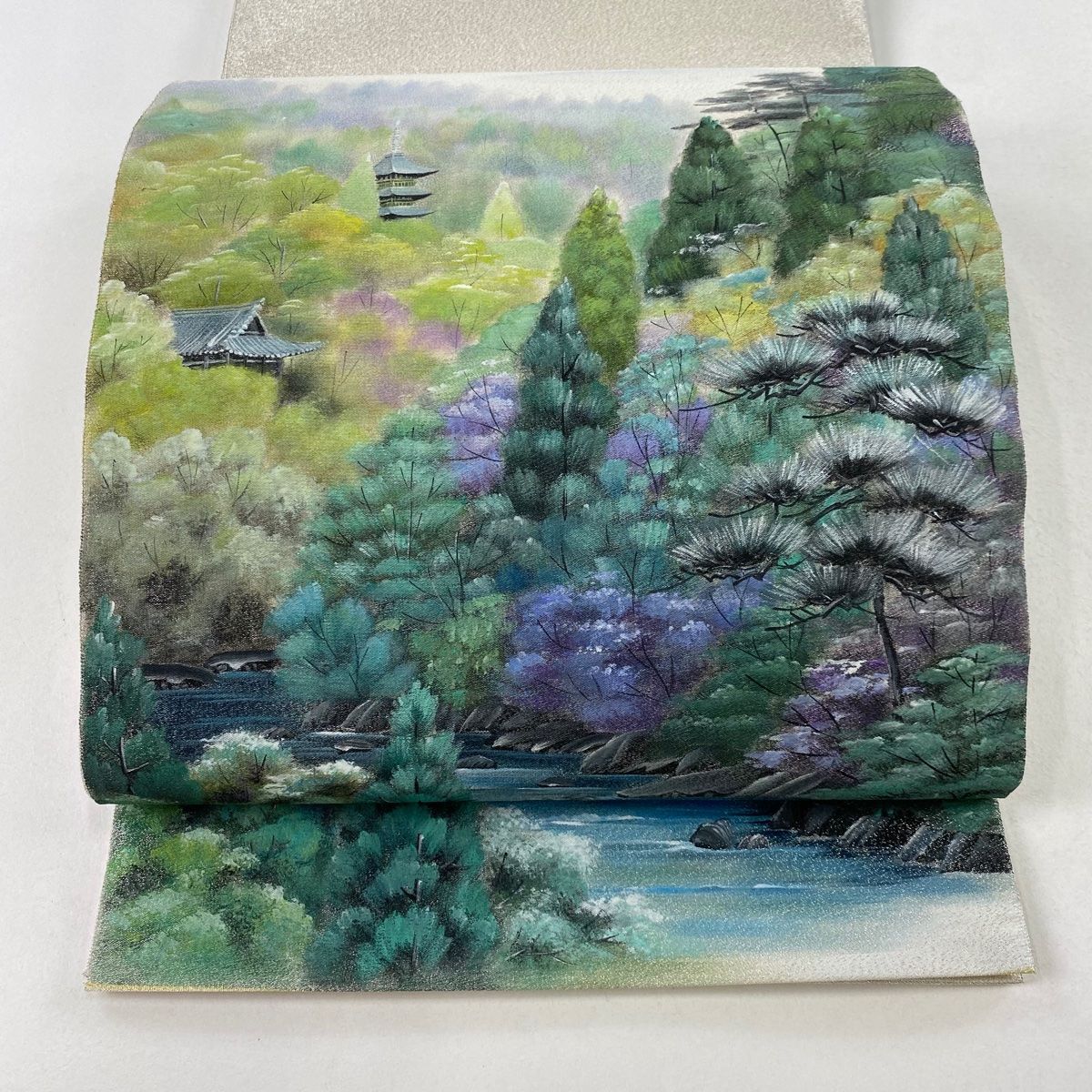 袋帯 美品 秀品 落款 風景 樹木 銀糸 クリーム お太鼓柄 正絹
