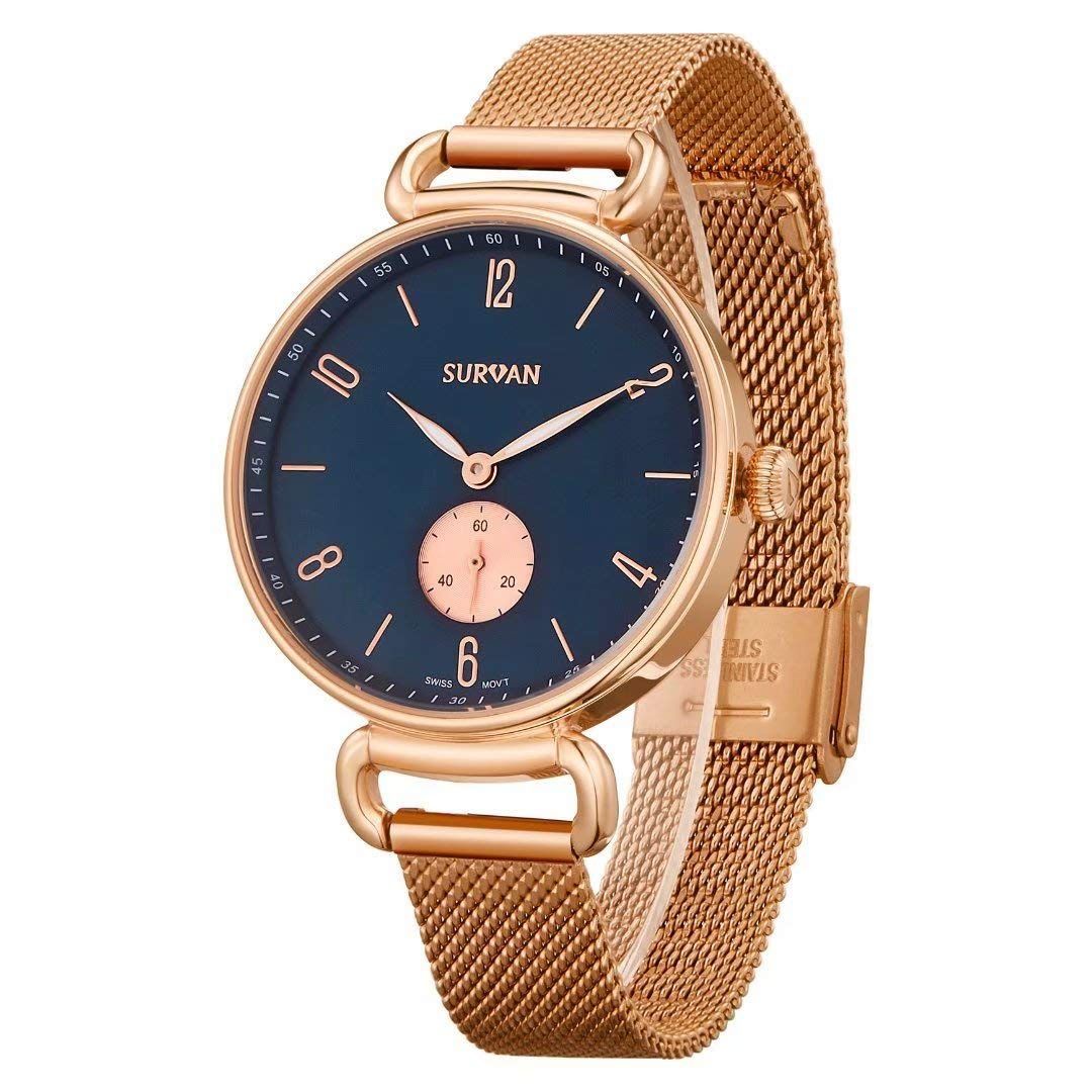 レディースクオーツ腕時計 スイス製クオーツ サファイア強化防風ガラス ステンレス鋼ベルト WatchDesigner 50M防水 シンプルなビジネスデザイン SURVAN SVA0008 ブルー ゴールト