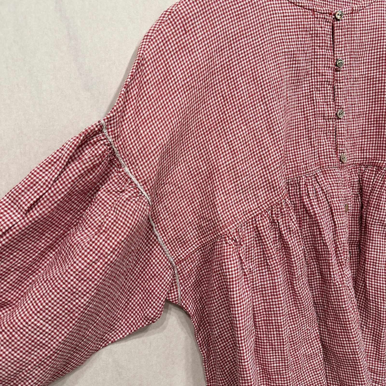 【美品】nestrobe ギンガムチェックブラウス UpcycleLino】ギンガムチェックギャザーブラウス｜nest Robe