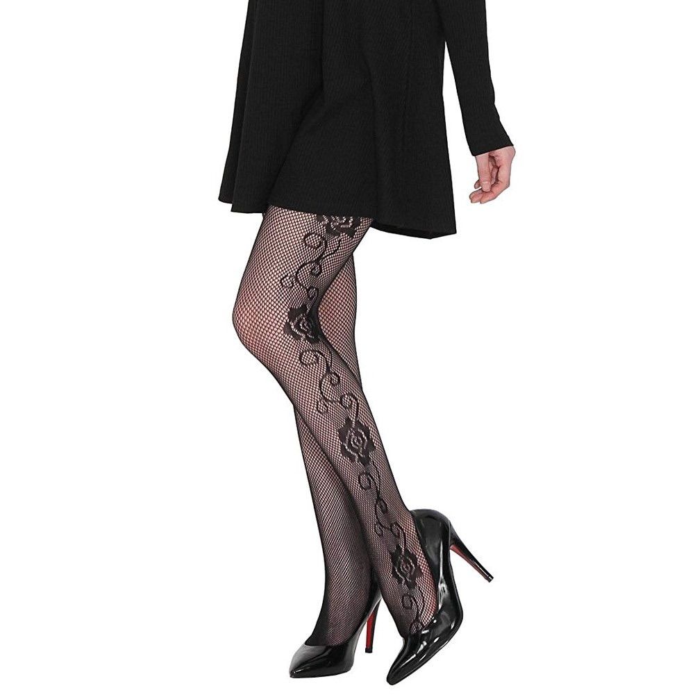 ストッキング 網タイツ 30D 黒 薔薇柄 サイドホール柄 ラッセル