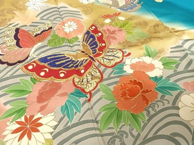 平和屋着物○創業460年・千總 振袖 駒刺繍 花蝶文 暈し染め 金糸