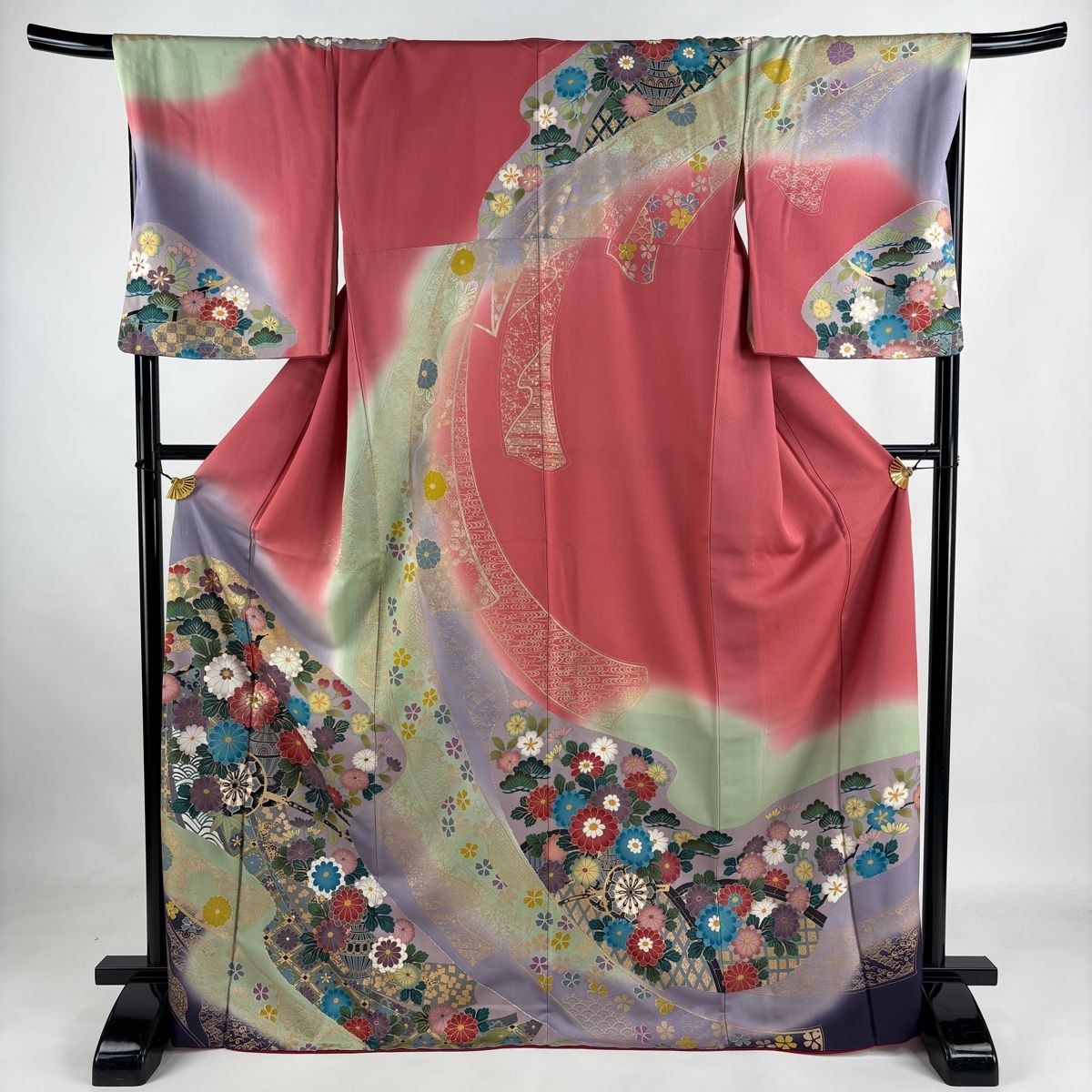 訪問着 身丈169.5cm 裄丈69cm L 袷 花籠 有職文様 金彩 ピンク 正絹 名品