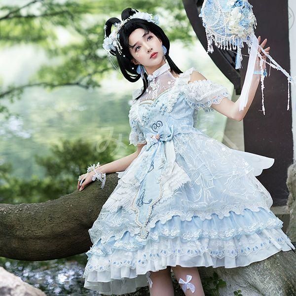 品質100％ 保証！ ロリータ ロリィタ ワンピース ブルー ロリータファッション ロリィタファッション 半袖 クラシカル ゴシック 大人 ふわふわ レース レディ