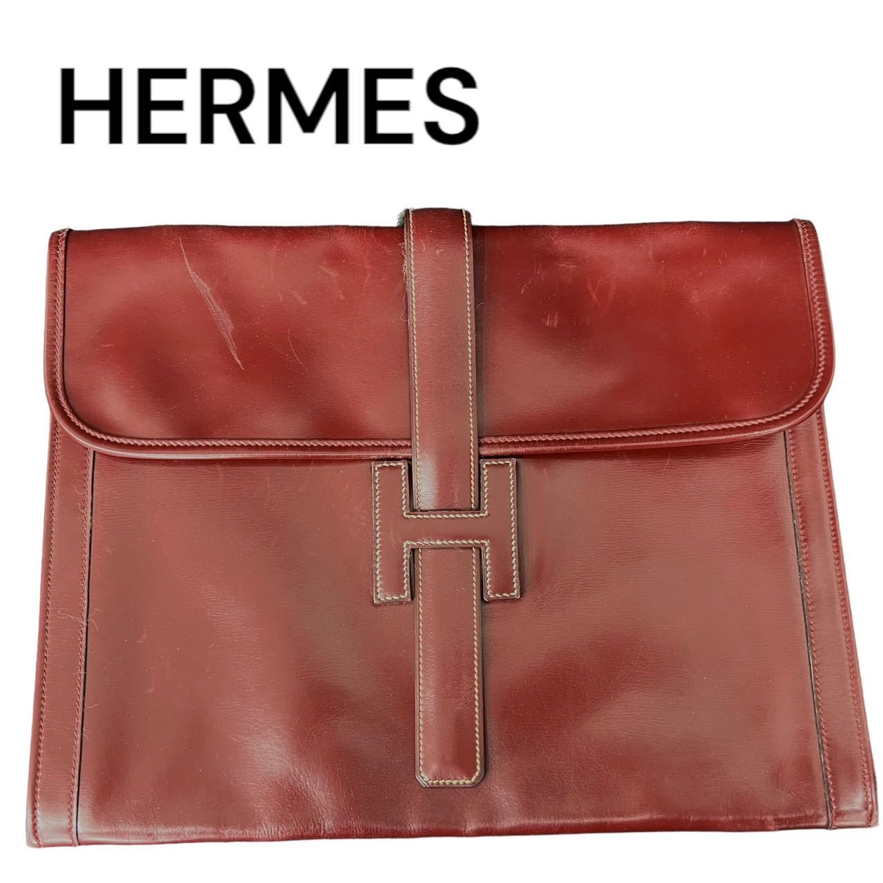 HERMES エルメス ジジェGM クラッチバッグ レザー Hロゴ ベージュ