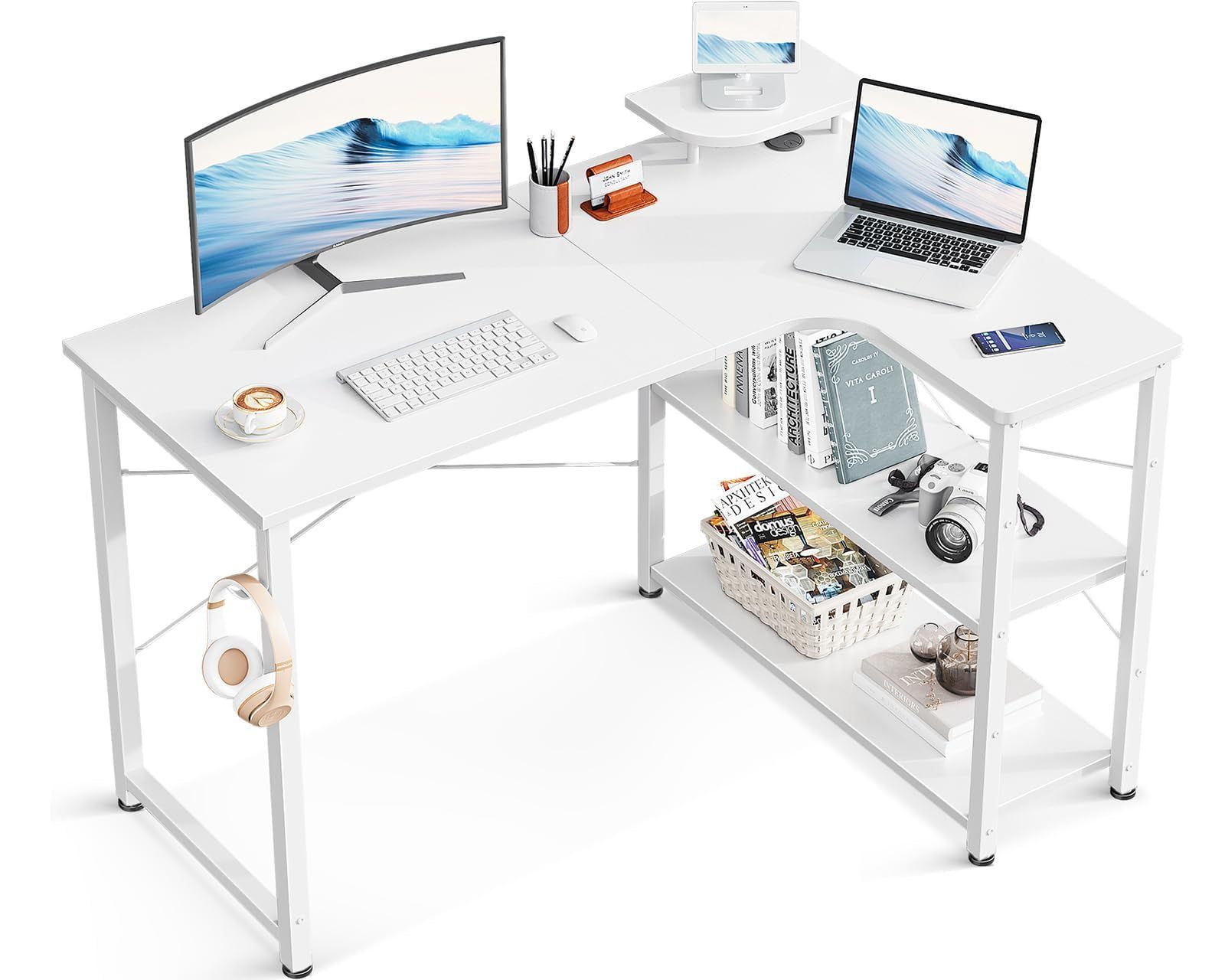 セール ODK ゲーミングデスク L字 パソコンデスク 幅110 デスク desk 机 pcデスク 棚付き オフィス ワーク 在宅勤務 子 作業机 組立簡単 ホワイト 右棚