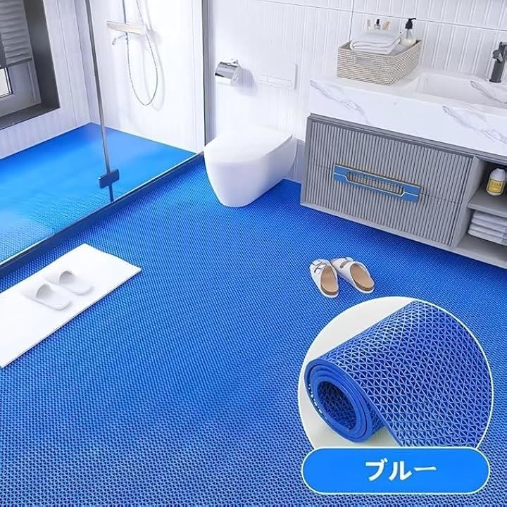 PANCY 業務用滑り止めマット PVC ゴムマット 歩行滑り止めマット 厚さ4.5mm 透水マット 穴あき 風呂マット プール下マット 玄関マット 屋外 抗菌 速乾 ブルー 1.2X15M