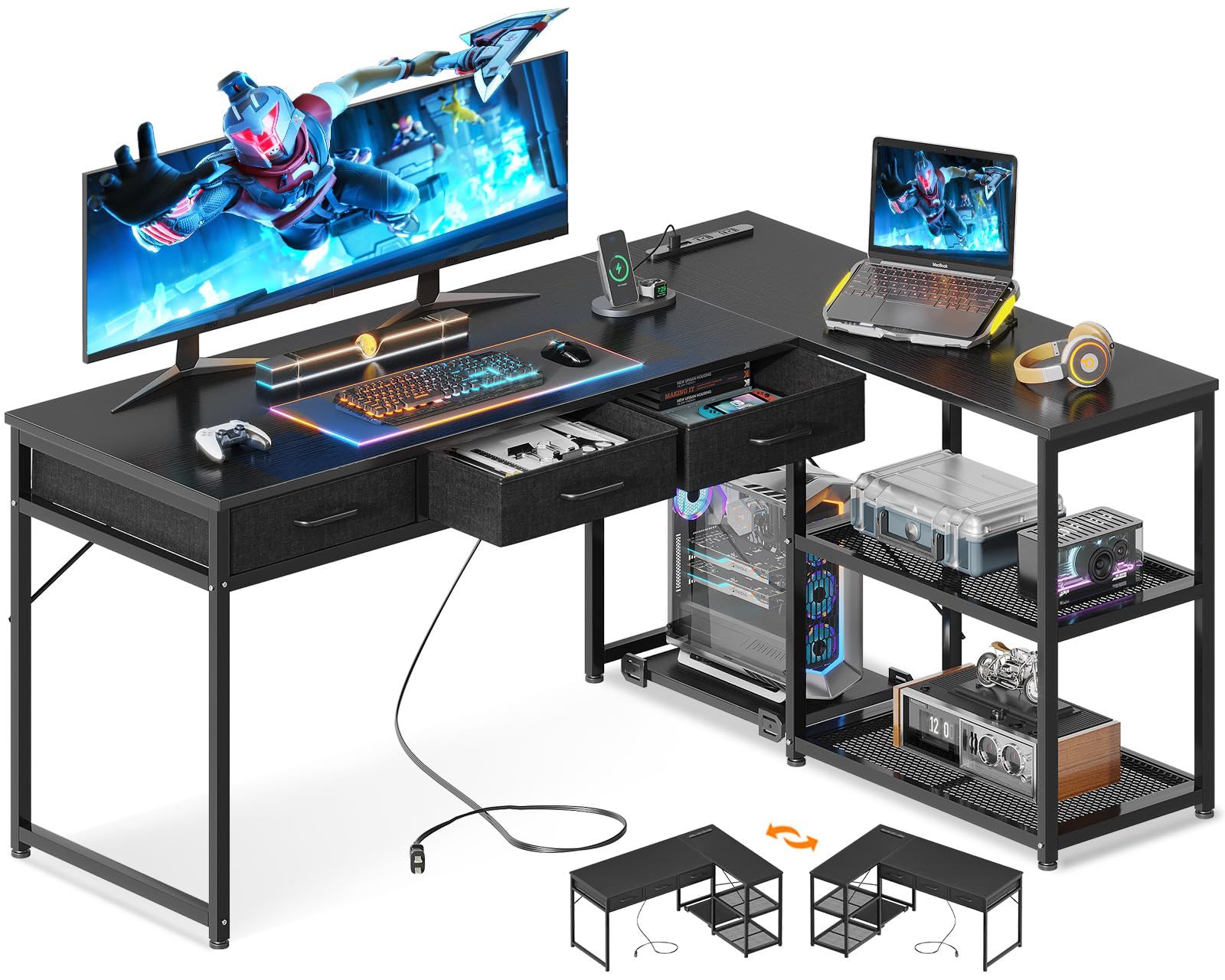 在宅勤務 オフィスデスク 仕事用 コーナーデスク 収納 エル字デスク 棚付き pcデスク 組立簡単 幅155 机 デスク l字デスク コンセント付き ブラック パソコンデスク 引き出し3杯付き ゲーミングデスク ODK