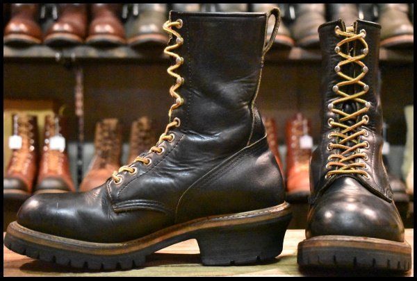 7D PT91刺繍 レッドウィング 2218 ロガー 黒 ブラッククローム スチールトゥ 編み上げ ロング ブーツ redwing HOPESMORE FI305