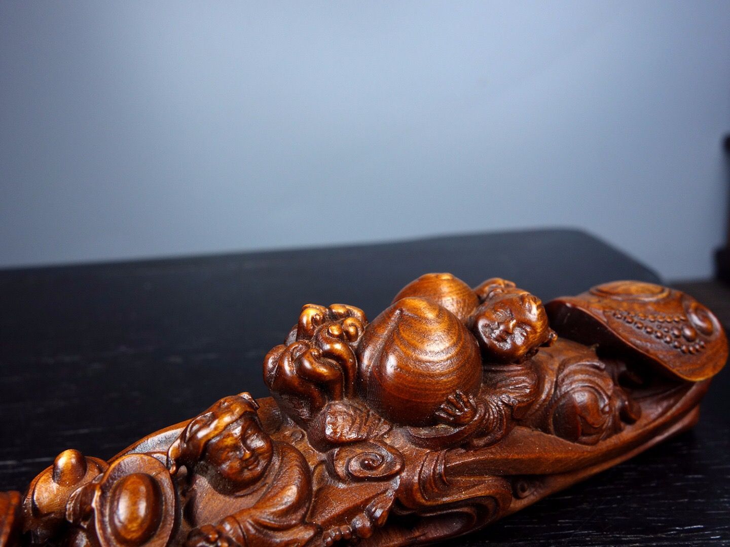 旧家蔵出し 黄楊木細密彫 坐鼓對獅 節約 置物 賞物 文房具 書道品 供養