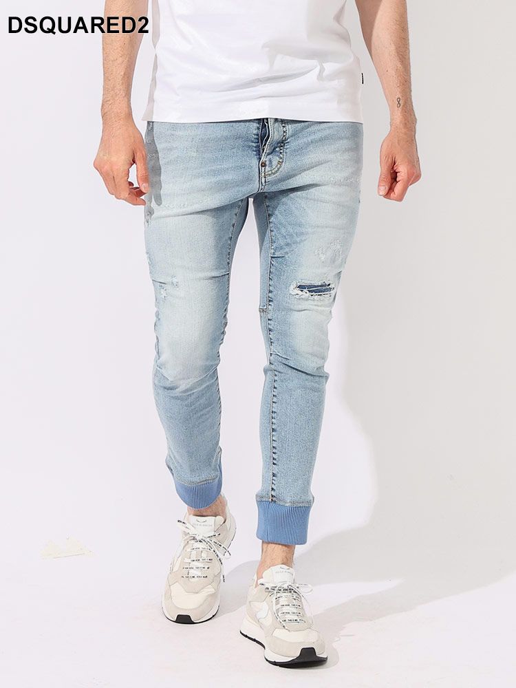 DSQUARED2 (ディースクエアード) ストレッチコットン リブ ダメージ加工 ボタンフライ ジーンズ JoggingLongCrotch (ブルー)