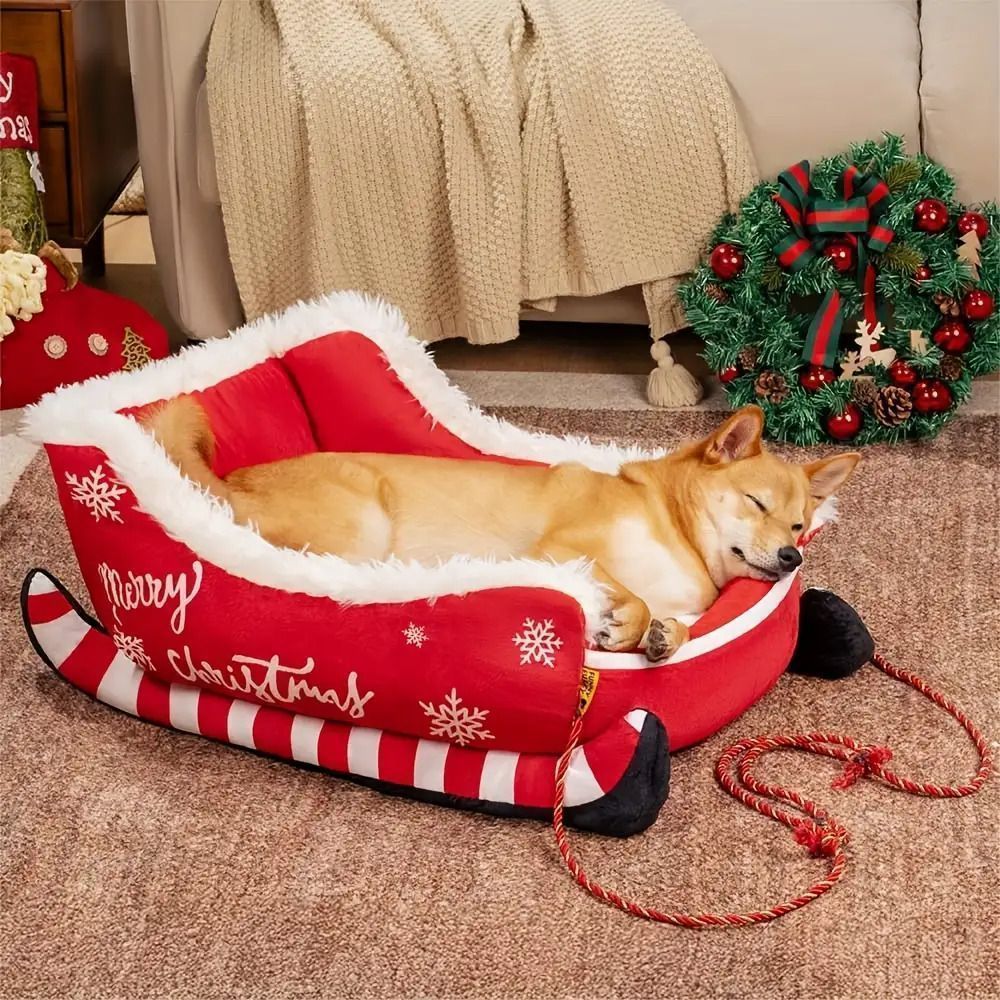 クリスマススレイスタイル猫＆犬用ベッド - 取り外し なクッション付き冬の暖かいペットハウス 耐久性ポリプロピレンファイバー 小型|中型犬＆猫用ソフトセーフ室内ベッド 赤と白のホリデーテーマ 快適ペットベッド