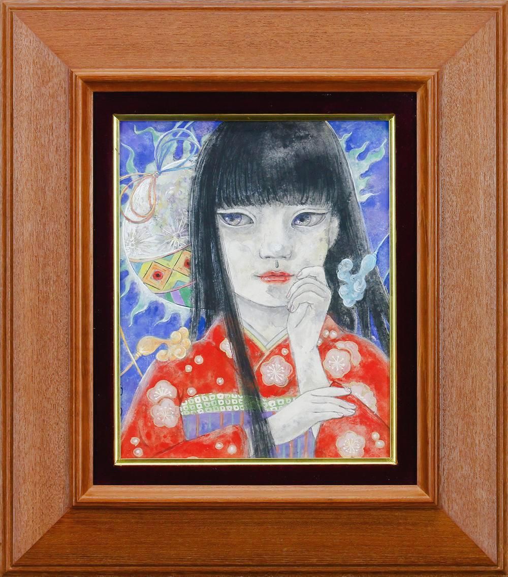 真作 WISH 町田雨子 月と遊戯 墨 水彩 アクリル 岩絵具 3号 2018年作 金泥 共シール ◆妖艶な黒髪少女 〇新進作家 25102032 WWW_NOITHATQUANGTHANH_NET