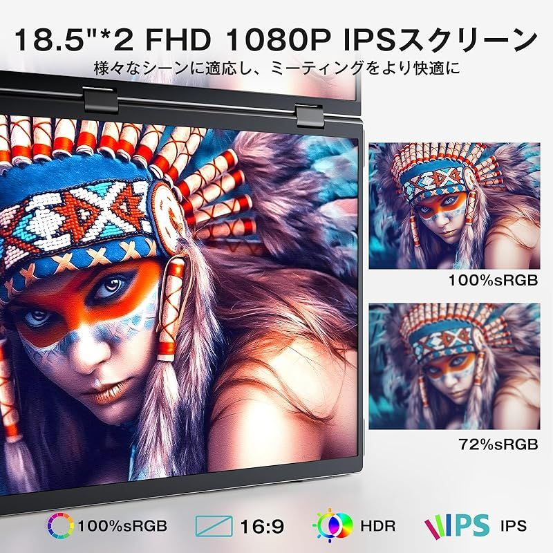 KEEPTIME デュアル モバイルモニター 18.5インチ ドライバー不要 2画面ディスプレイ 自立型 デュアルディスプレイ 100HZ 折り畳み FHD1080P トリプルモニター 自動回転 IPS液晶パネル フル機能Type-C MiniHDMI VES