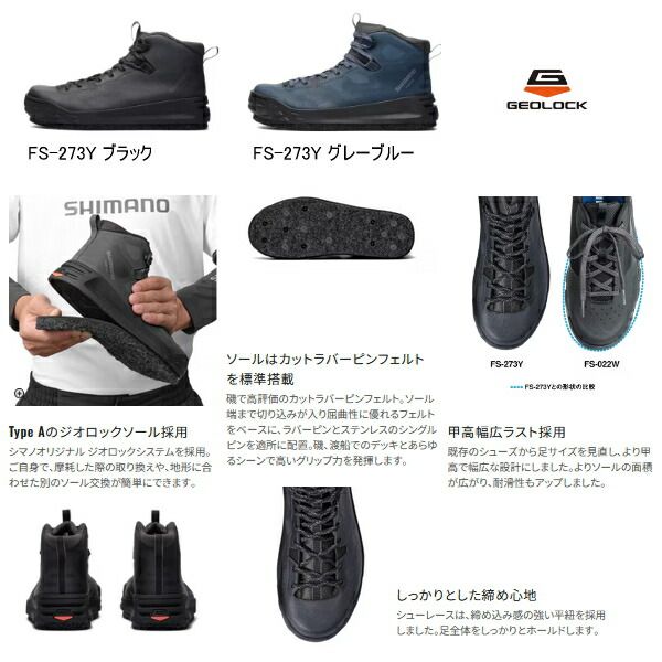 ≪ 25年 新商品 ≫ シマノ ジオロック ゲームシューズ カットラバーピンフェルト FS-273 Y グレーブルー 25.5 cm