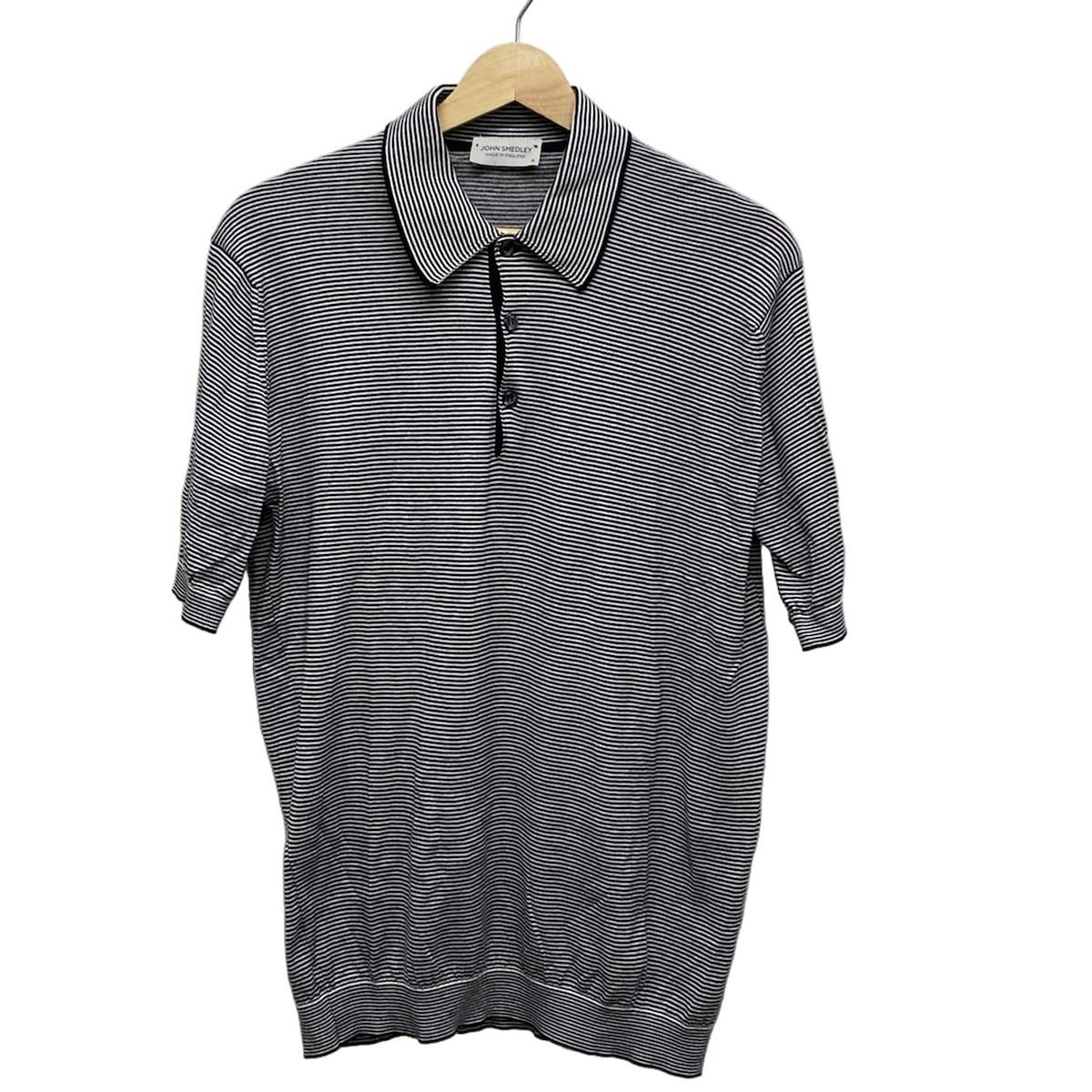 JOHN SMEDLEY ジョンスメドレー 半袖ポロシャツ サイズM メンズ - 白×ダークネイビー ニット ボーダー