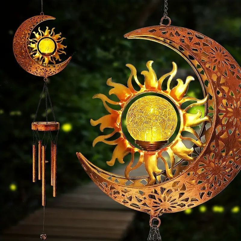 【エレガント＆ユニーク】太陽光発電風鈴 - 太陽と月のデザイン、屋外装飾用