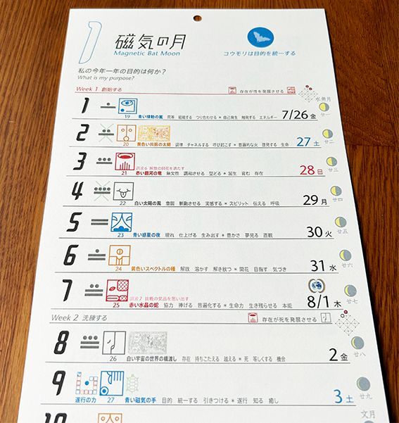 13の月の暦タテカレンダー　青い律動の嵐の年　2024年7月26日〜2025年7月25日