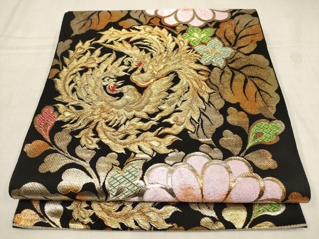平和屋着物▽六通柄 本袋帯 桃山瑞鳳錦 鳳凰草花文 黒地 金糸