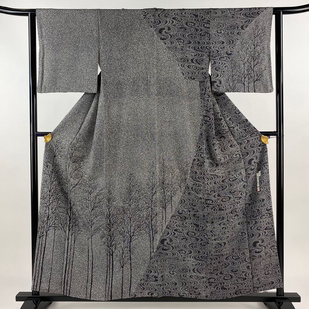 訪問着 身丈156cm 裄丈62cm S 袷 川村久太郎 落款 樹木 流水 黒灰 正絹 名品