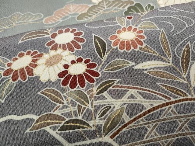 平和屋着物●訪問着　流水竹垣草花文　暈し染め　金彩　鬼しぼ縮緬　正絹　逸品　CAAY5153ut 平和屋着物○訪問着 流水竹垣草花文 暈し染め 金彩 鬼しぼ