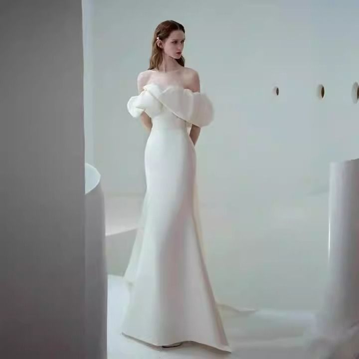 ライトウェディングドレス サテン ワンショルダー ロング丈 タイト シンプル 結婚式 ウェディング ドレススカート 記念日 大きいサイズ 撮
