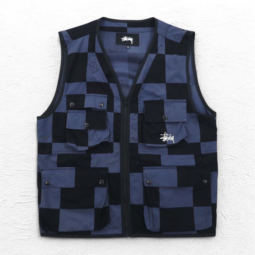 stussy ユーティリティベスト L ブラック ブルー チェック チェッカーフラッグ コットン