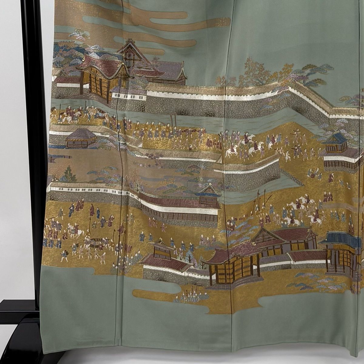 色留袖 身丈165cm 裄丈68.5cm L 袷 落款 建物 人物 金糸 刺繍 灰